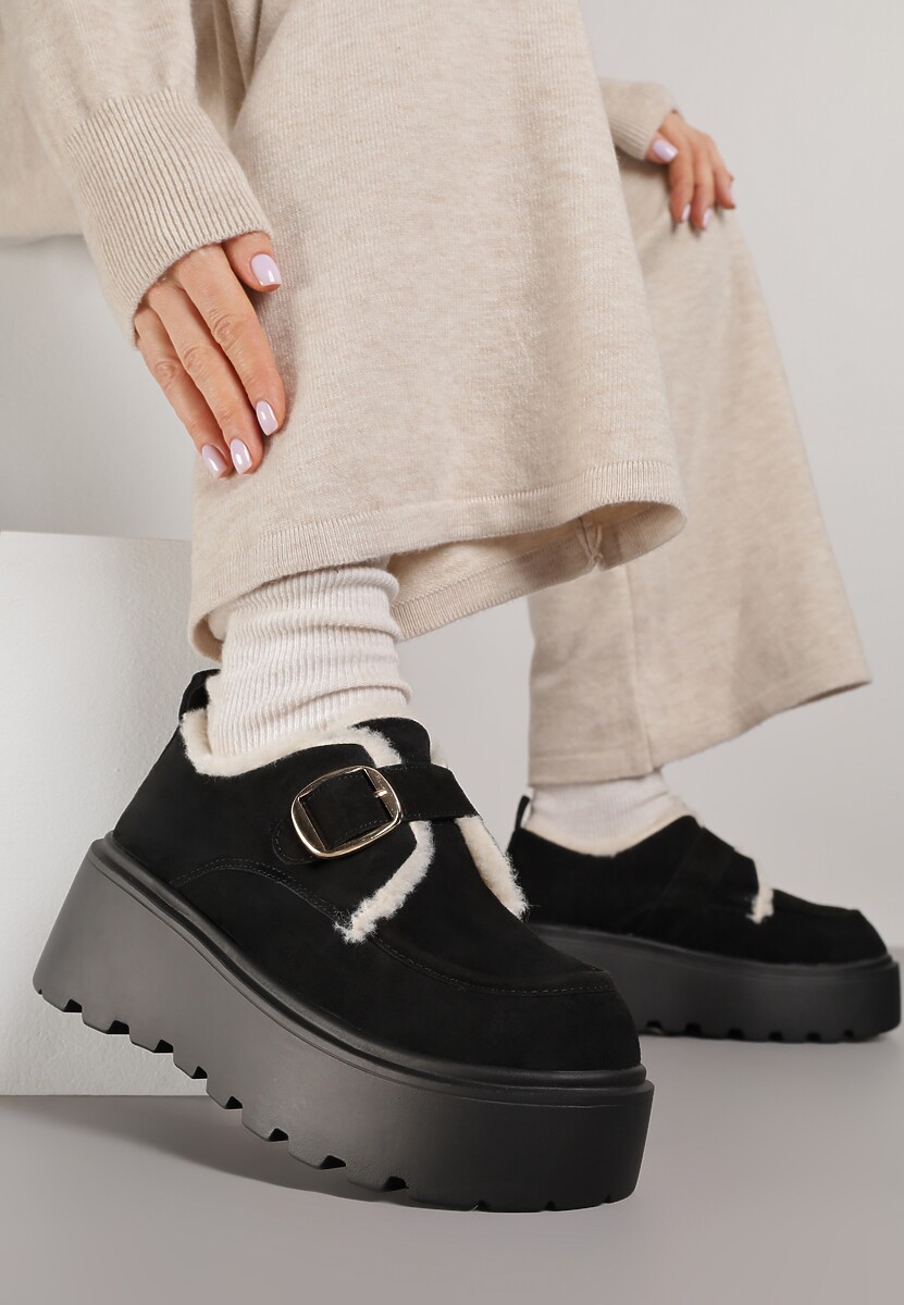 Czarne Śniegowce na Platformie z Paskiem ze Sprzączką i Futrem Unweda 2