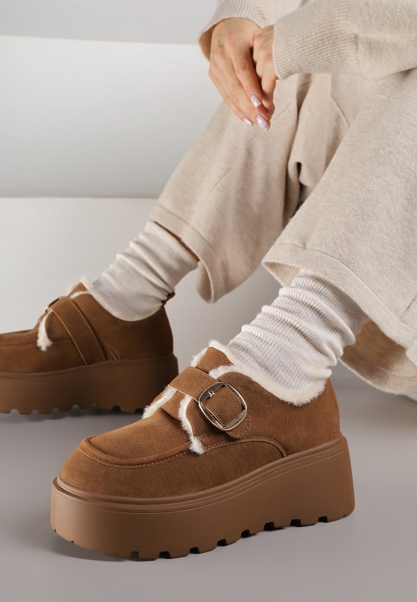 Jasnobrązowe Śniegowce na Platformie z Paskiem ze Sprzączką i Futrem Unweda 2