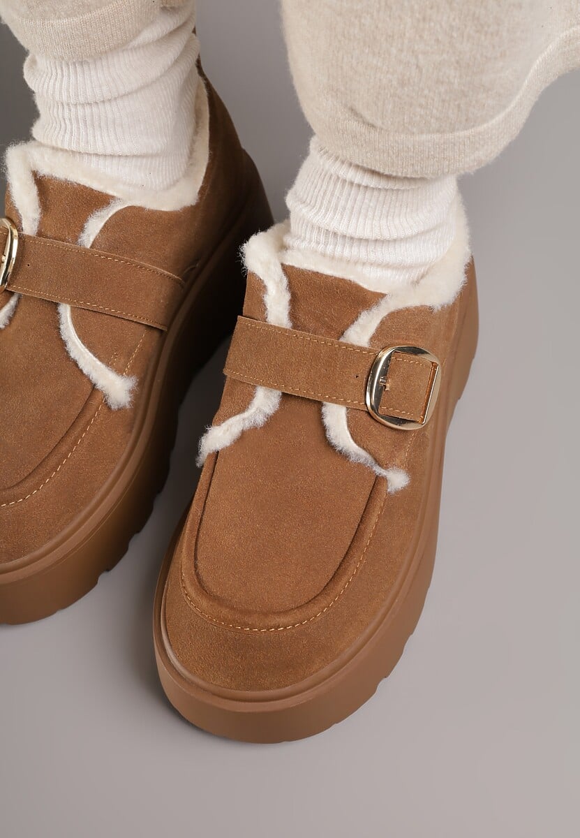 Jasnobrązowe Śniegowce na Platformie z Paskiem ze Sprzączką i Futrem Unweda 3