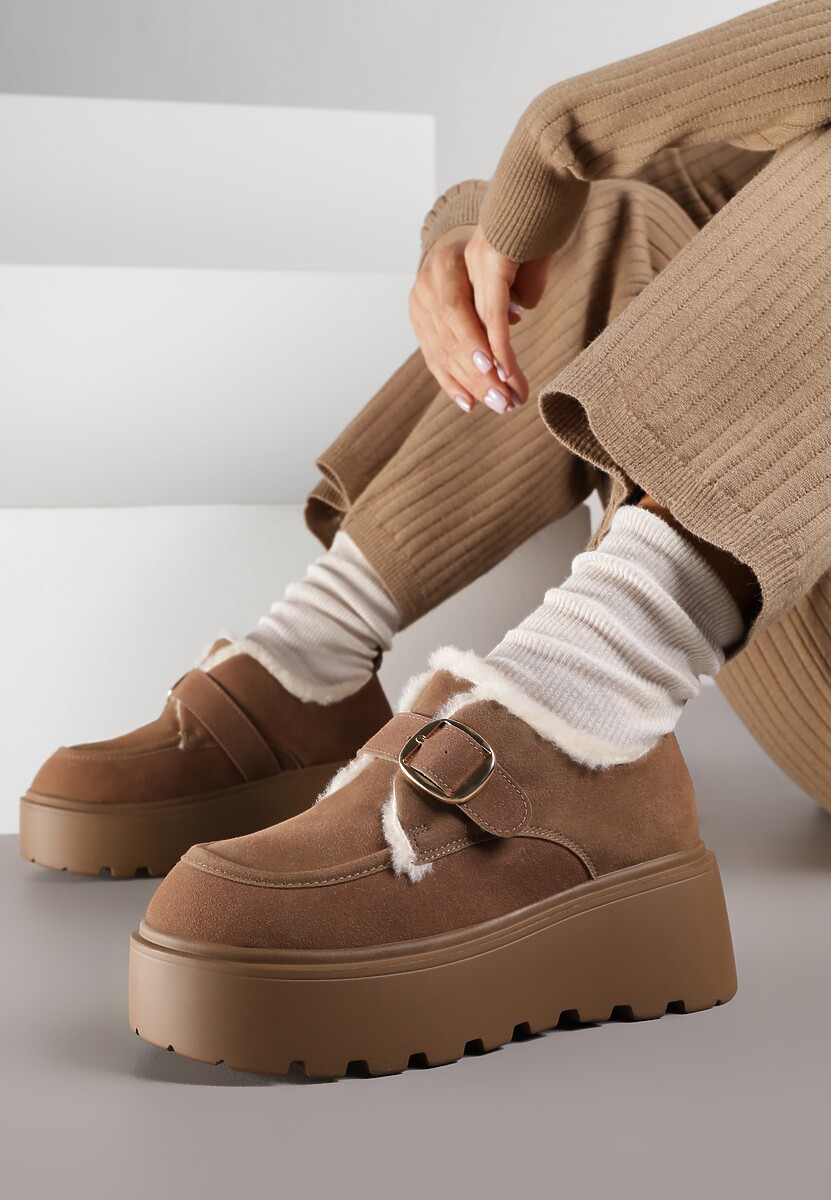 Brązowe Śniegowce na Platformie z Paskiem ze Sprzączką i Futrem Unweda 2