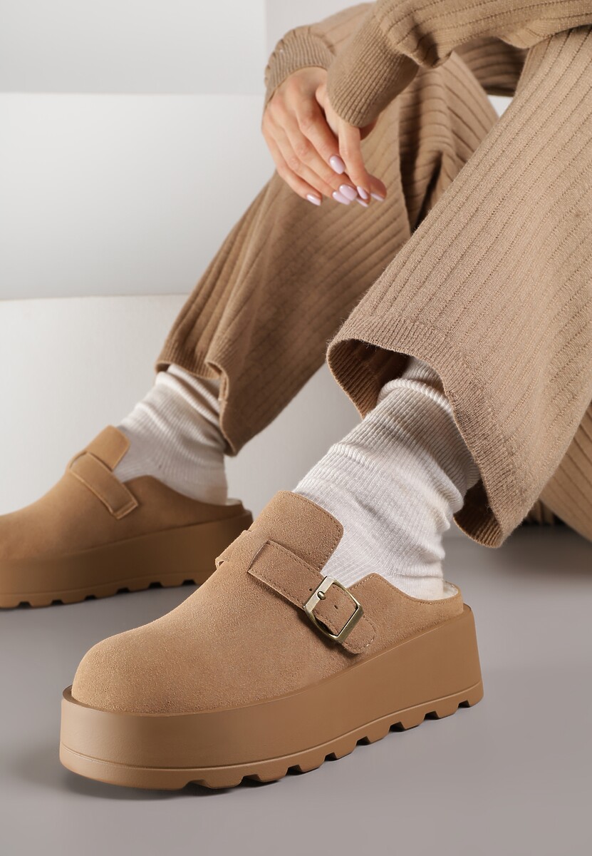 Beżowe Śniegowce na Grubej Podeszwie z Niską Cholewką i Ozdobną Klamerką Vetibela 2