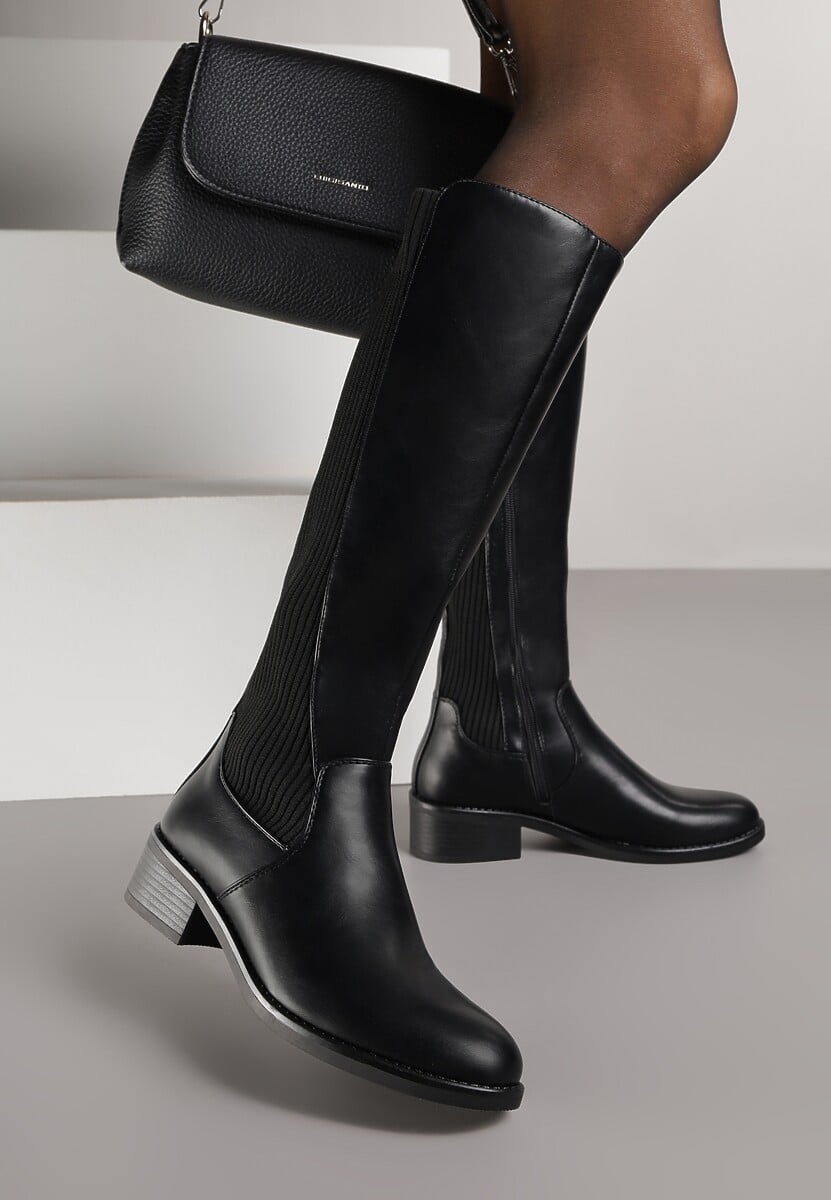 Czarne Casualowe Kozaki Typu Muszkieterki na Płaskiej Podeszwie Belissae 1