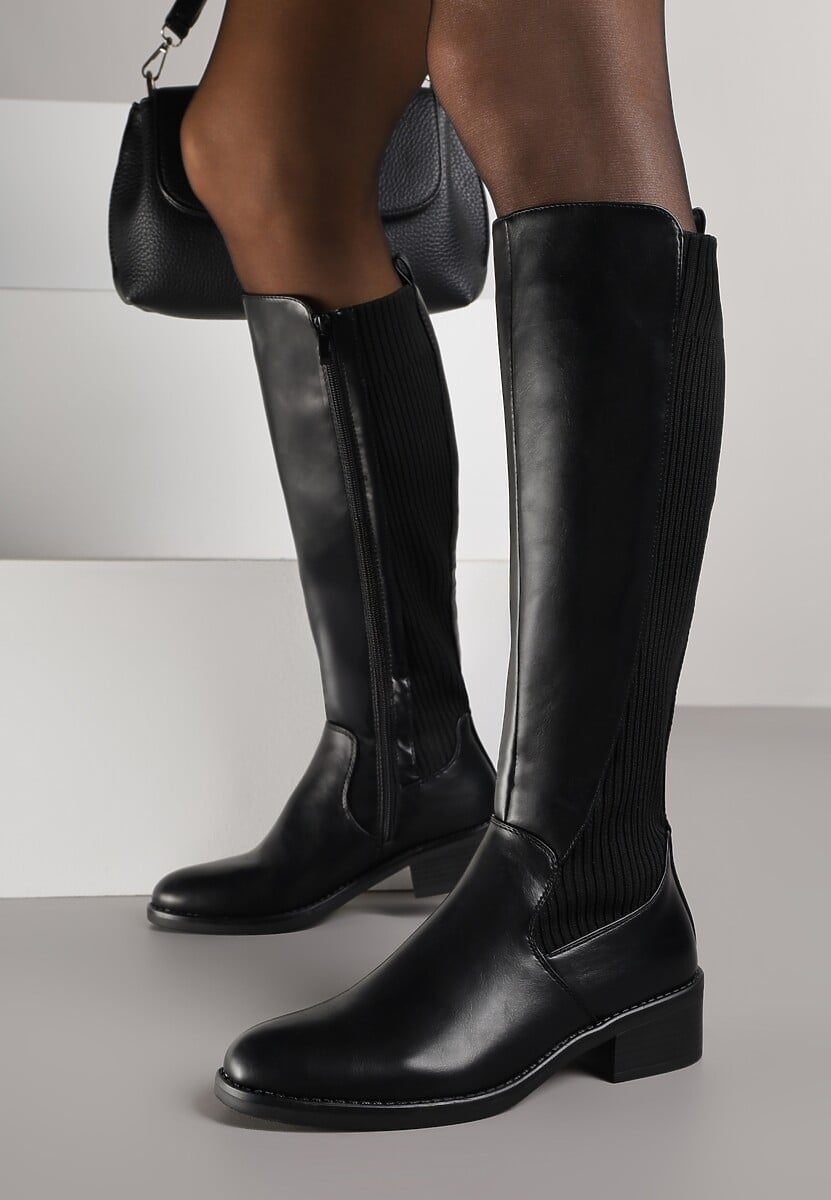 Czarne Casualowe Kozaki Typu Muszkieterki na Płaskiej Podeszwie Belissae 2