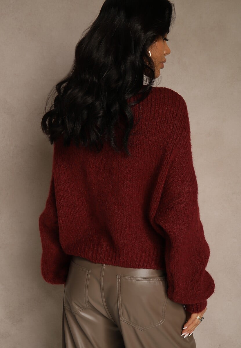Bordowy Oversizowy Sweter z Dodatkiem Wełny Zdobiony Węzłem Lawedana 3