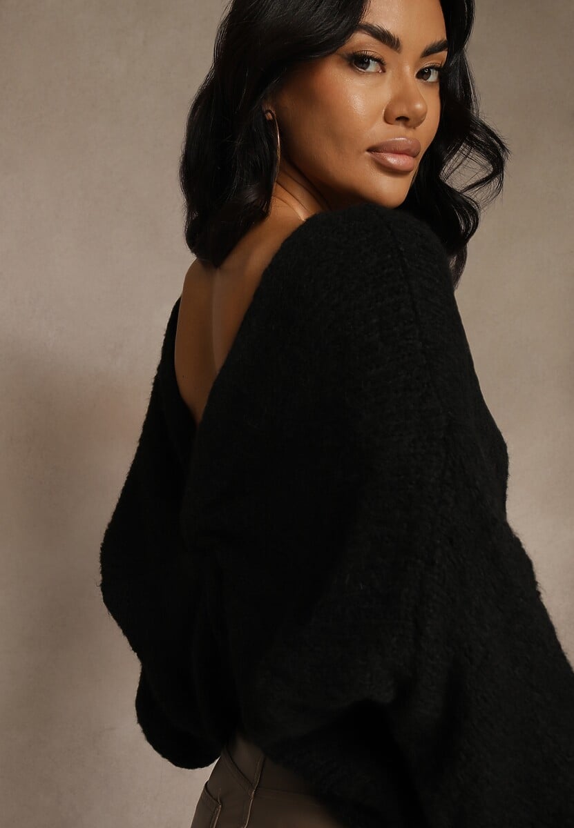 Czarny Oversizowy Sweter z Dodatkiem Wełny Zdobiony Węzłem Lawedana 3