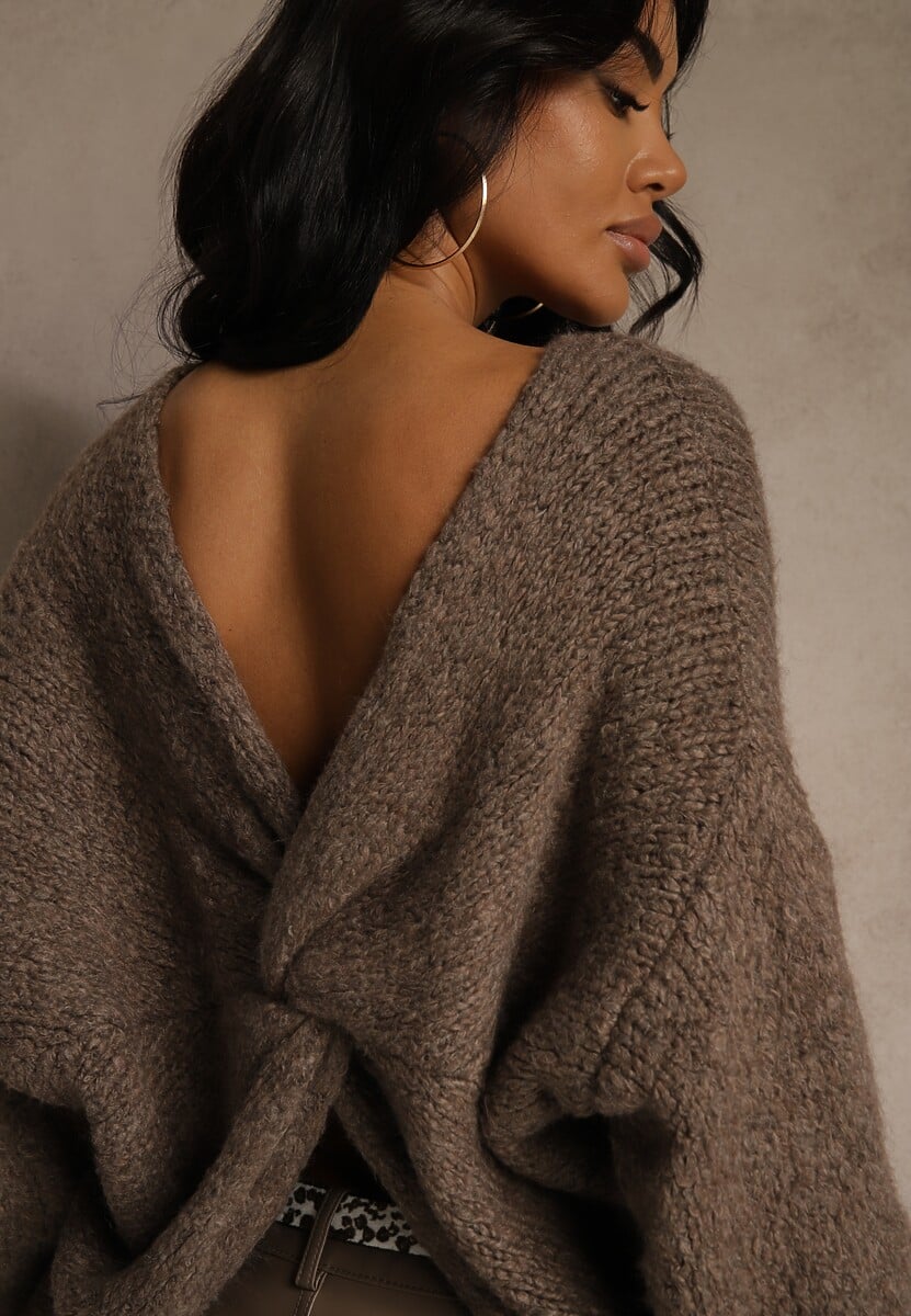 Jasnobrązowy Oversizowy Sweter z Dodatkiem Wełny Zdobiony Węzłem Lawedana 3