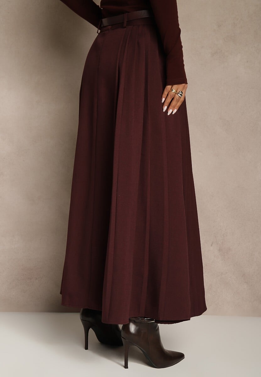 Bordowa Rozkloszowana Spódnica z Wiskozy z Dodatkowym Paskiem z Klamrą Lowedina 3