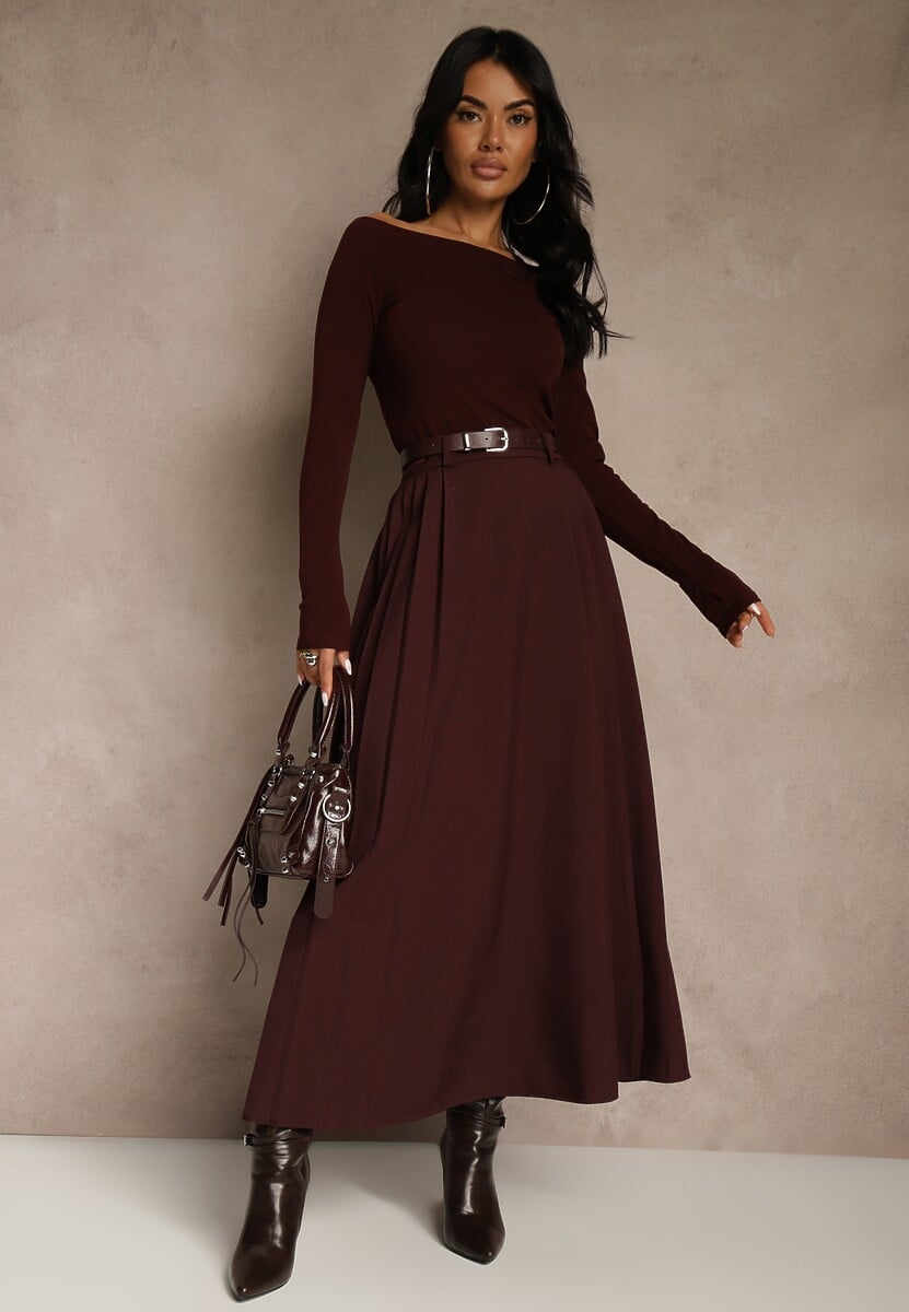 Bordowa Rozkloszowana Spódnica z Wiskozy z Dodatkowym Paskiem z Klamrą Lowedina 1