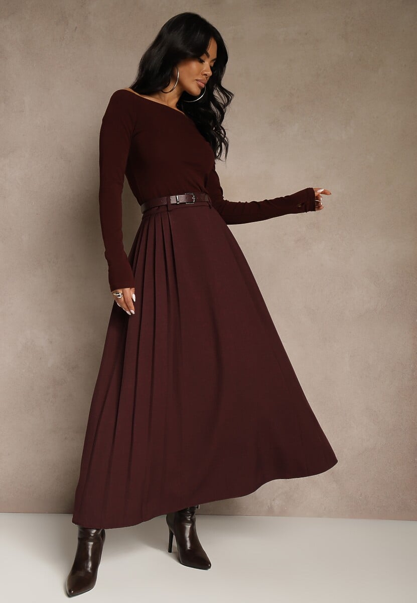 Bordowa Rozkloszowana Spódnica z Wiskozy z Dodatkowym Paskiem z Klamrą Lowedina 2