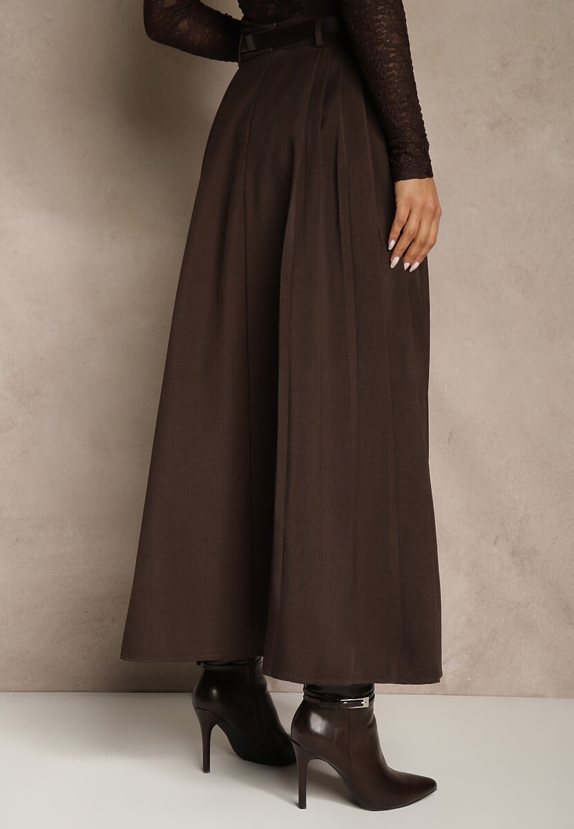 Brązowa Rozkloszowana Spódnica z Wiskozy z Dodatkowym Paskiem z Klamrą Lowedina 3