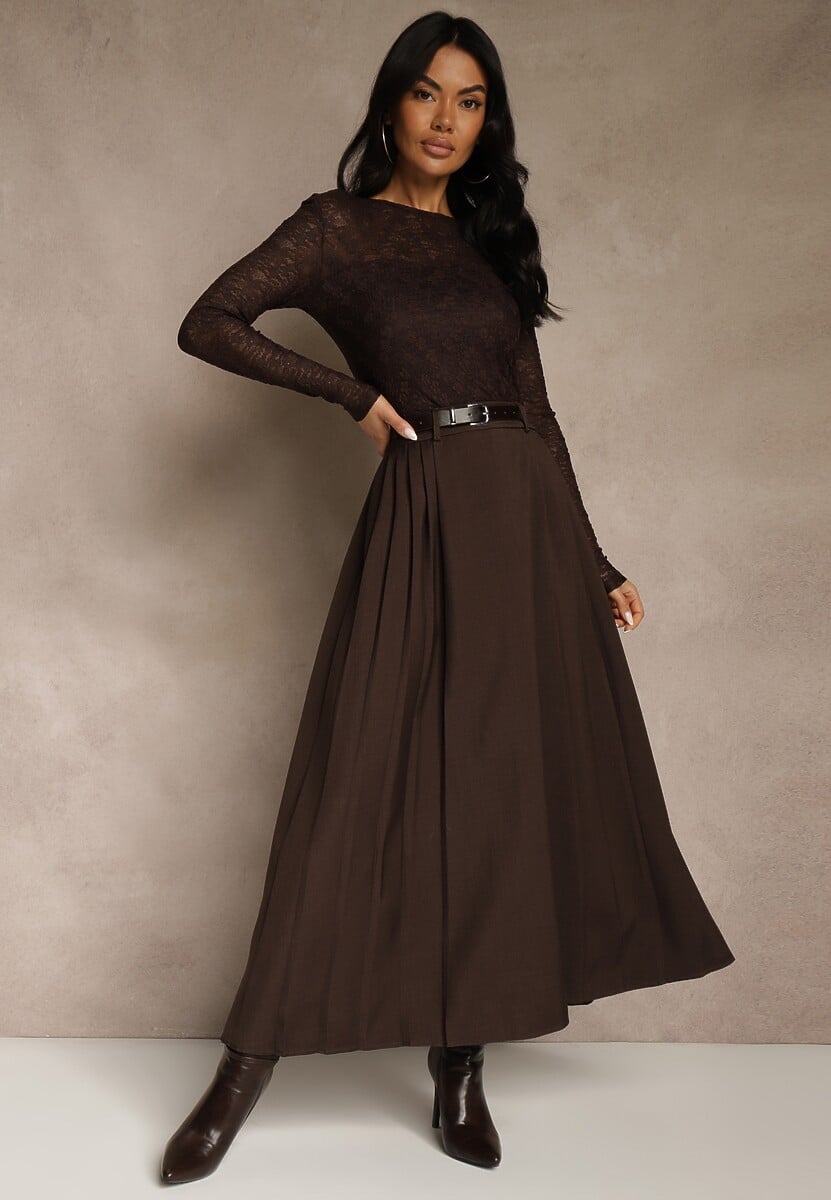 Brązowa Rozkloszowana Spódnica z Wiskozy z Dodatkowym Paskiem z Klamrą Lowedina 1