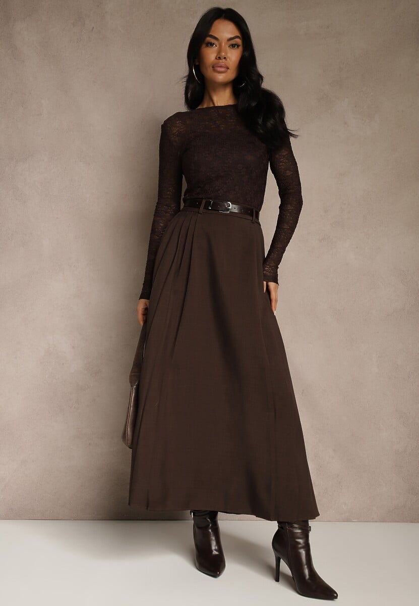 Brązowa Rozkloszowana Spódnica z Wiskozy z Dodatkowym Paskiem z Klamrą Lowedina 2