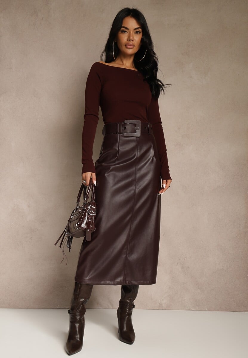 Bordowa Ołówkowa Spódnica z Imitacji Skóry z Paskiem z Wyrazistą Klamrą Rewedana 1