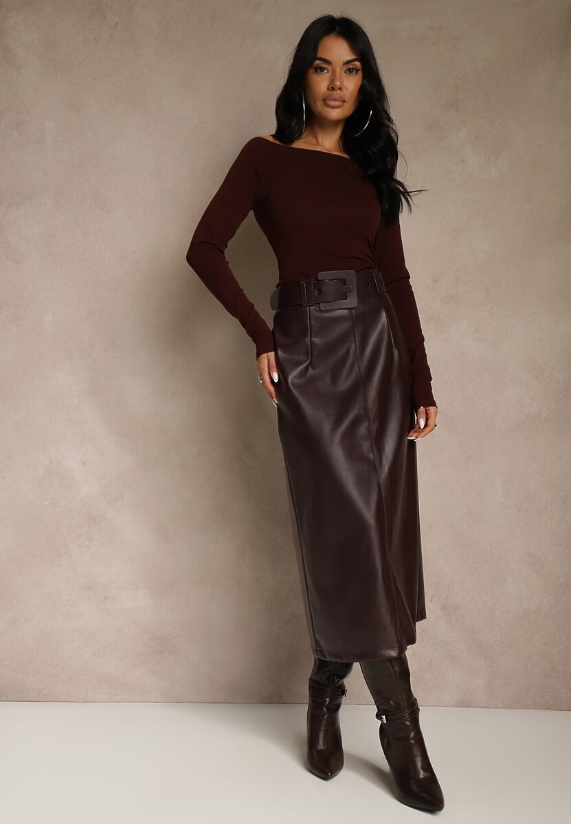 Bordowa Ołówkowa Spódnica z Imitacji Skóry z Paskiem z Wyrazistą Klamrą Rewedana 2