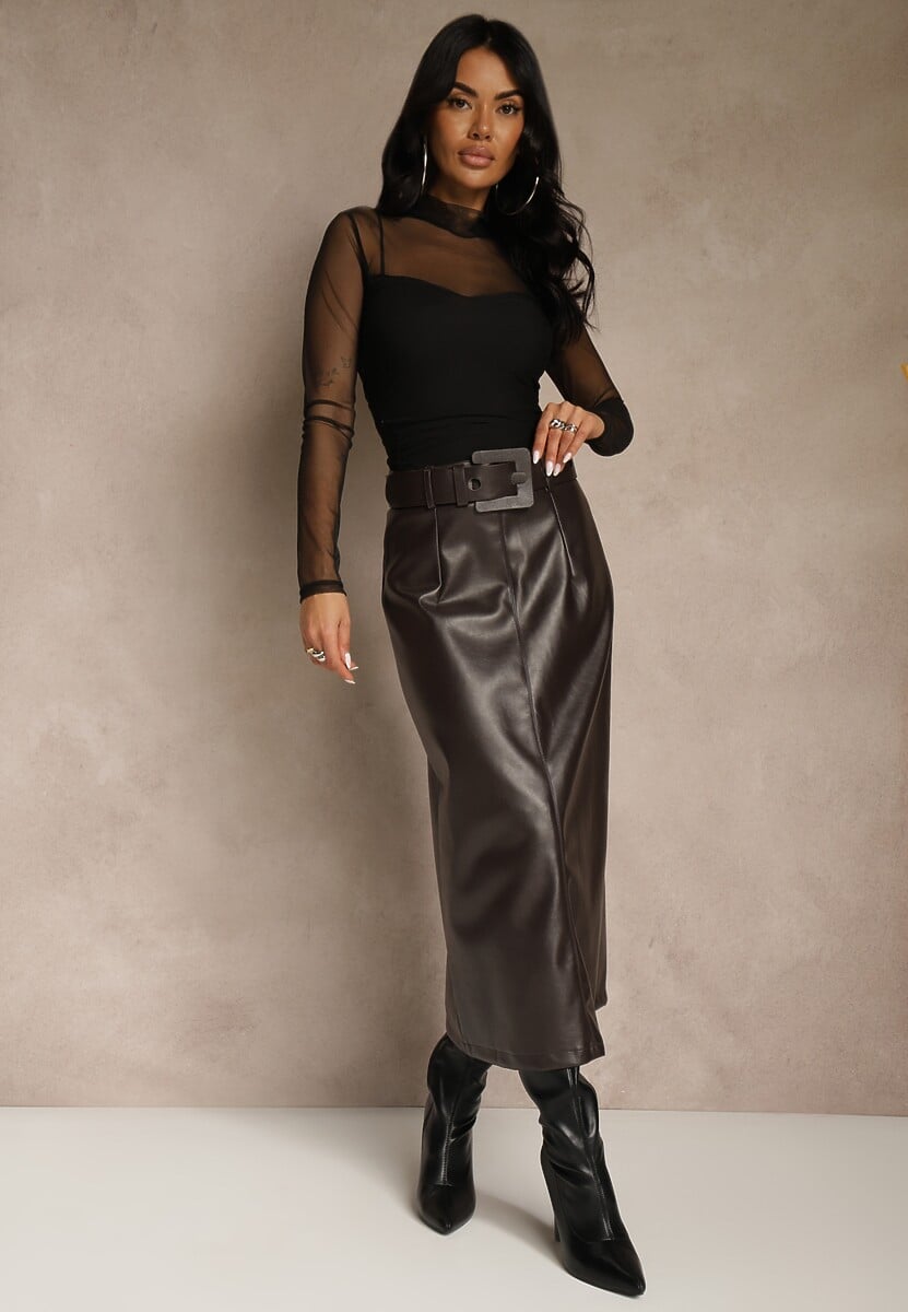 Brązowa Ołówkowa Spódnica z Imitacji Skóry z Paskiem z Wyrazistą Klamrą Rewedana 1
