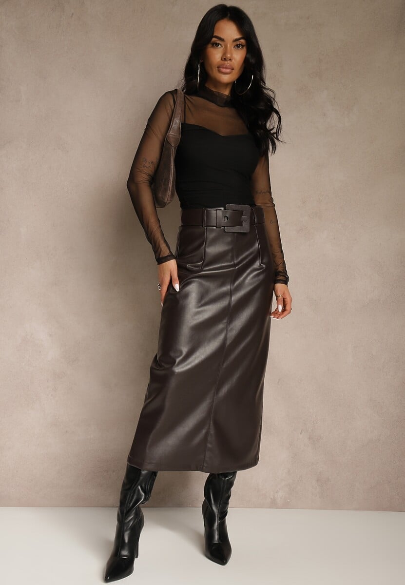 Brązowa Ołówkowa Spódnica z Imitacji Skóry z Paskiem z Wyrazistą Klamrą Rewedana 2