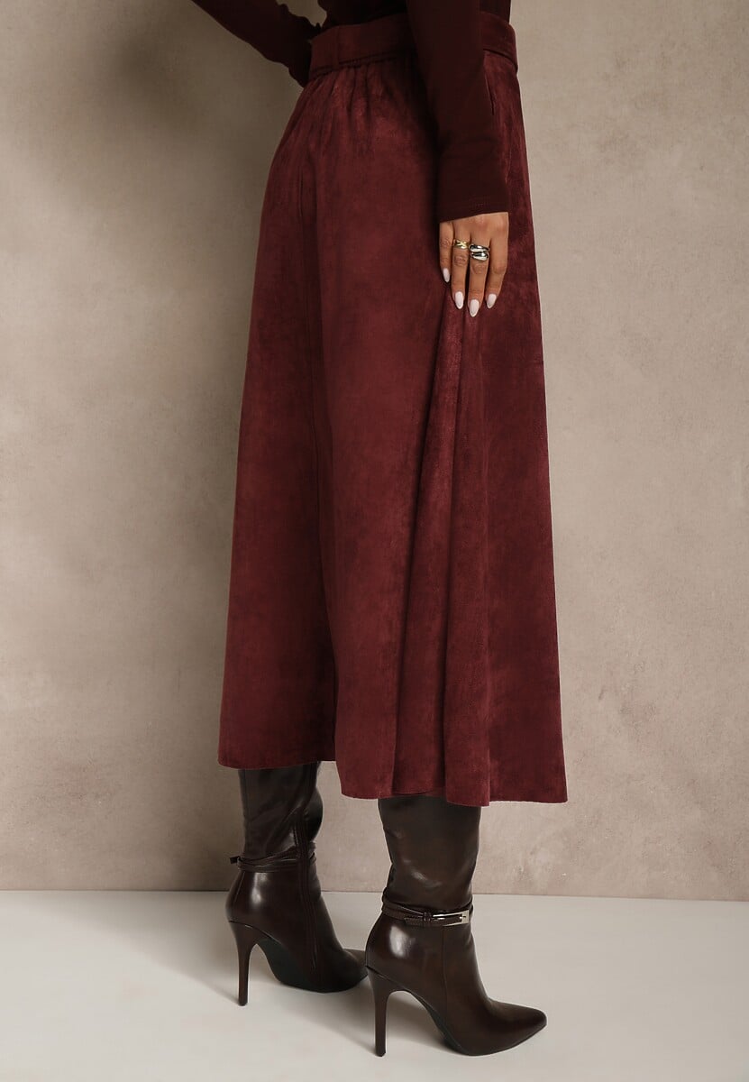 Bordowa Spódnica z Wiskozy z Bawełną z Imitacji Zamszu z Paskiem Oliweda 3