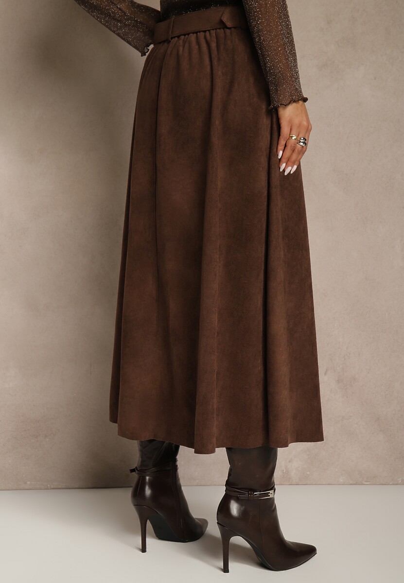 Brązowa Spódnica z Wiskozy z Bawełną z Imitacji Zamszu z Paskiem Oliweda 3