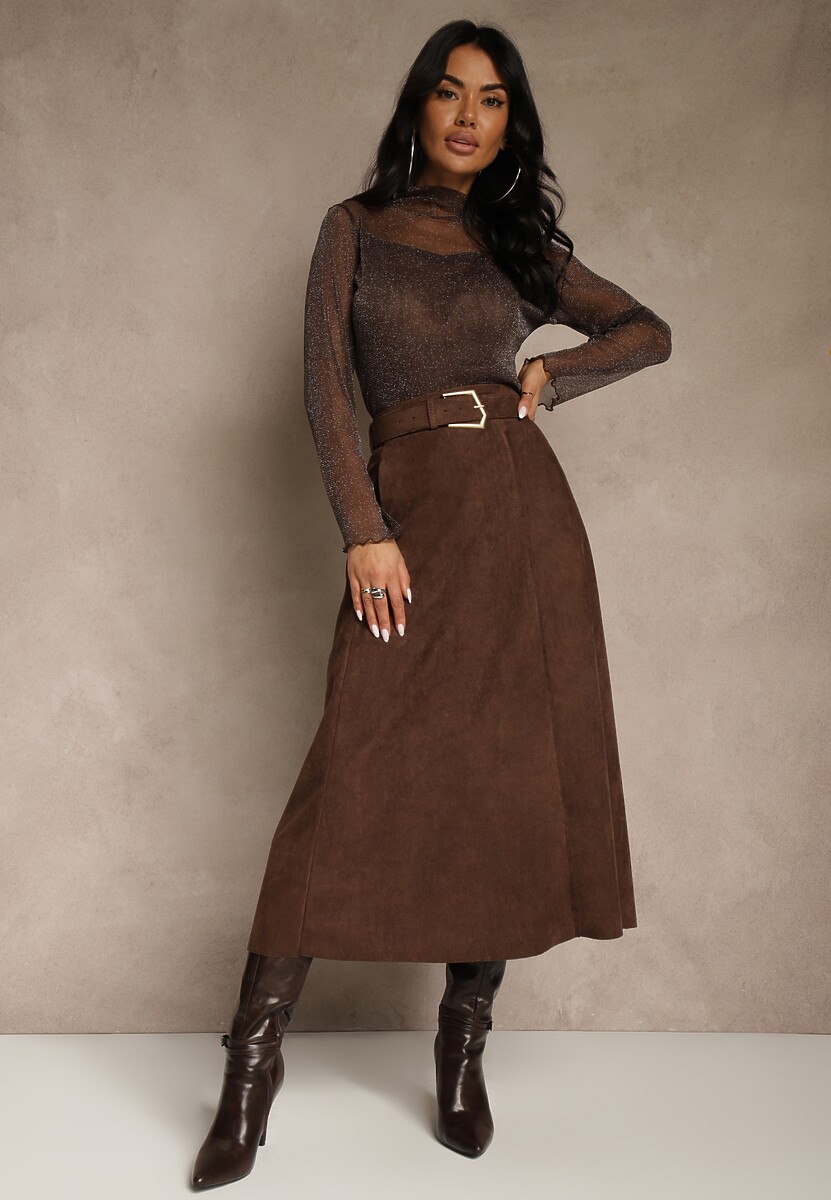 Brązowa Spódnica z Wiskozy z Bawełną z Imitacji Zamszu z Paskiem Oliweda 2