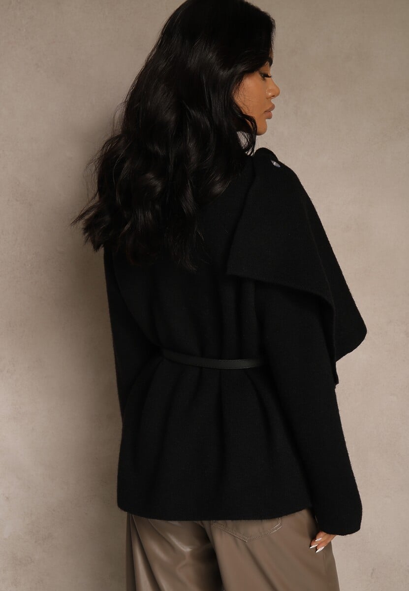 Czarny Elegancki Kardigan z Wiskozy z Paskiem i Narzutką Roweda 3