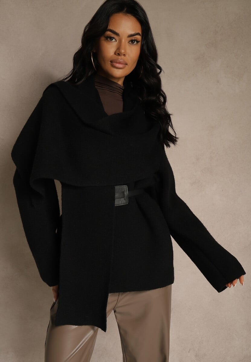 Czarny Elegancki Kardigan z Wiskozy z Paskiem i Narzutką Roweda 1