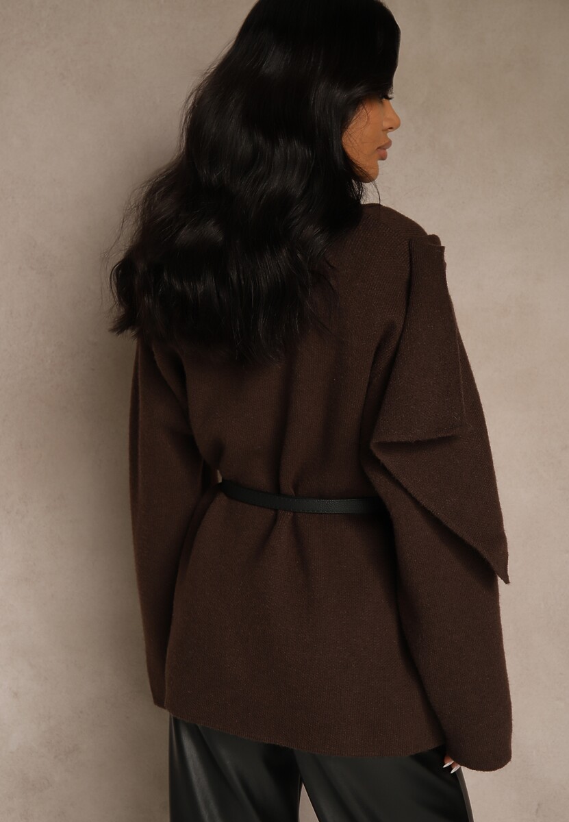 Brązowy Elegancki Kardigan z Wiskozy z Paskiem i Narzutką Roweda 3