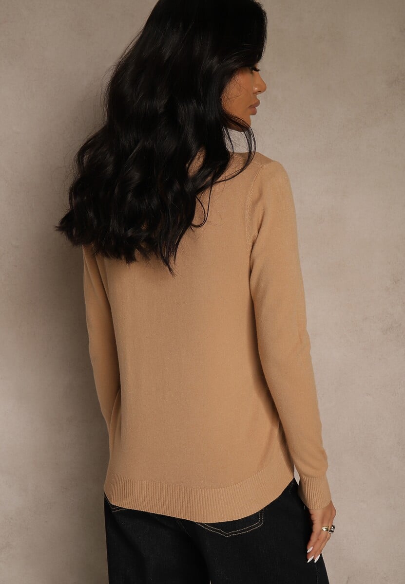 Ciemnobeżowy Gładki Sweter w Minimalistycznym Stylu Tevra 3