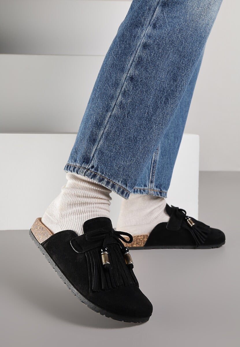 Czarne Boho Klapki Mule z Imitacji Zamszu z Frędzlami i Koralikami Elwedila 2