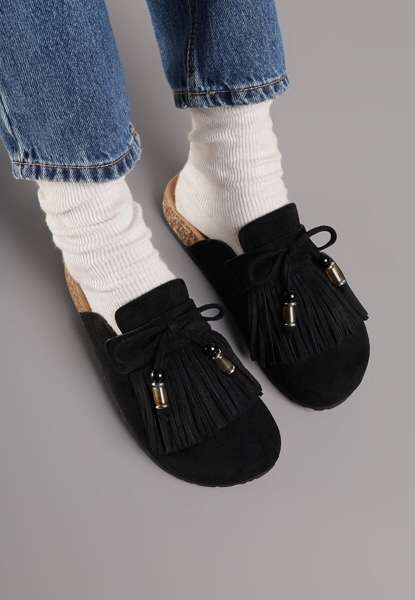 Czarne Boho Klapki Mule z Imitacji Zamszu z Frędzlami i Koralikami Elwedila 3