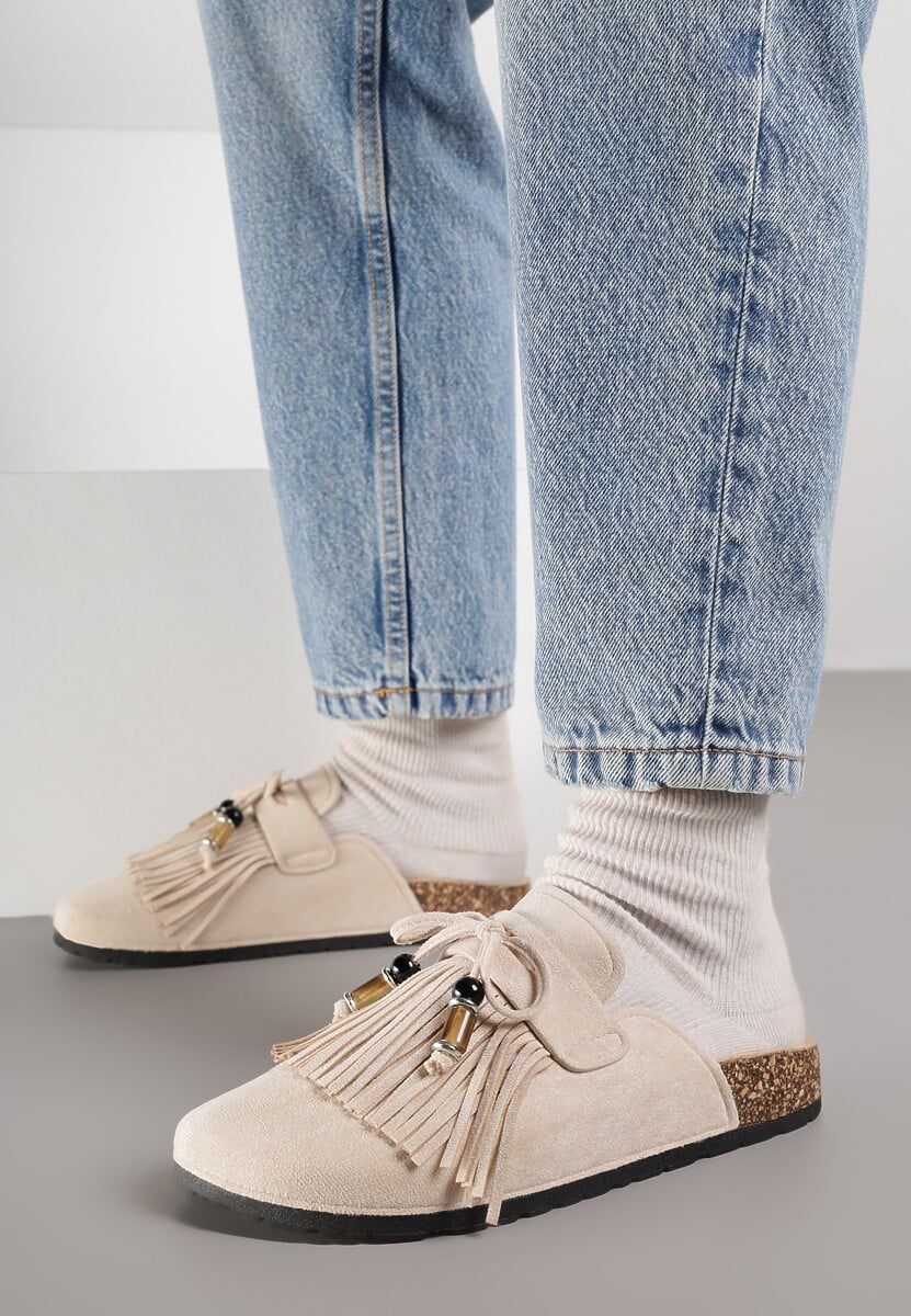 Beżowe Boho Klapki Mule z Imitacji Zamszu z Frędzlami i Koralikami Elwedila 2