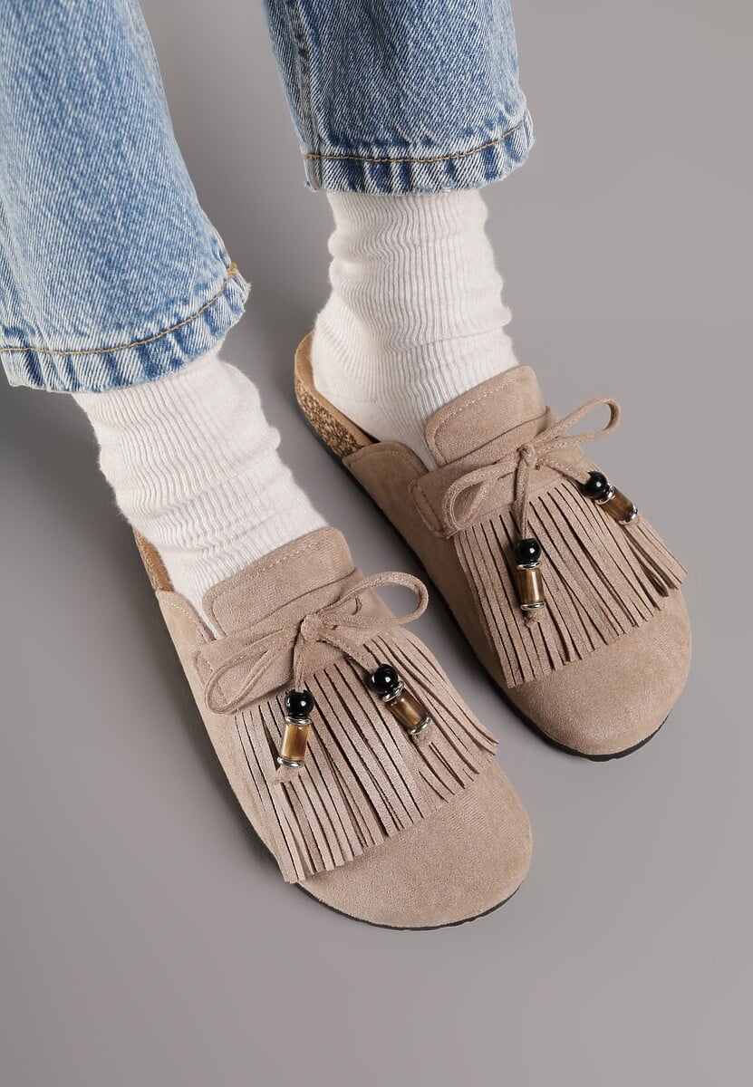 Ciemnobeżowe Boho Klapki Mule z Imitacji Zamszu z Frędzlami i Koralikami Elwedila 3