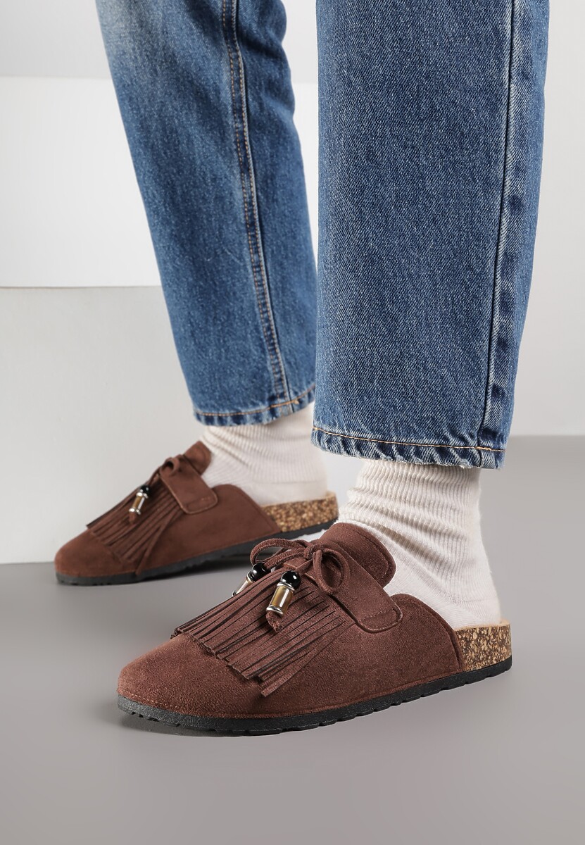 Brązowe Boho Klapki Mule z Imitacji Zamszu z Frędzlami i Koralikami Elwedila 2