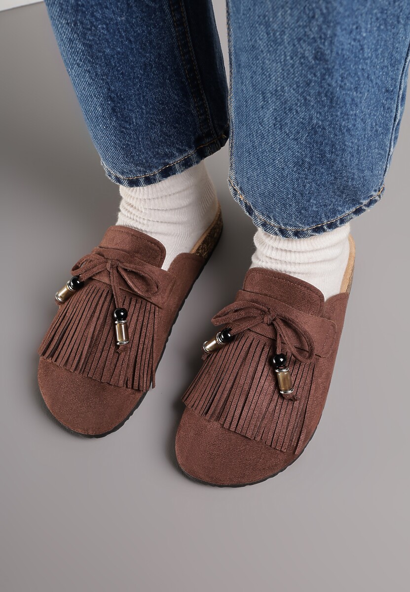 Brązowe Boho Klapki Mule z Imitacji Zamszu z Frędzlami i Koralikami Elwedila 3