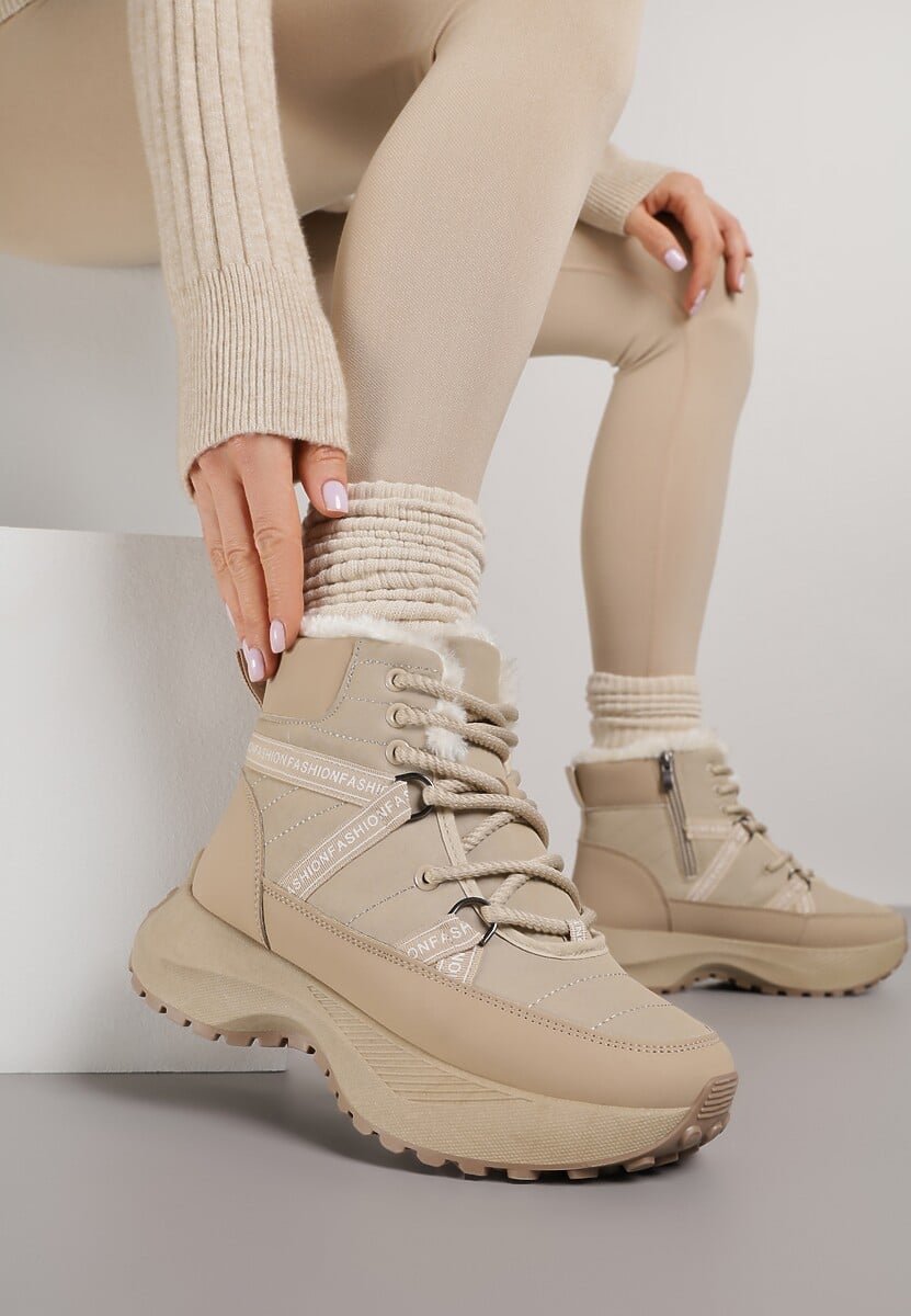 Ciemnobeżowe Sportowe Śniegowce Chunky na Platformie Ishweda 2