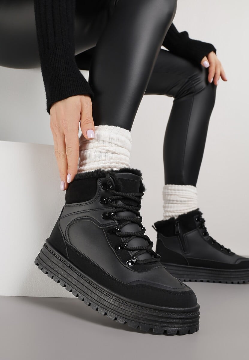 Czarne Sneakersy w Stylu Traperów na Platformie Ewedora 1