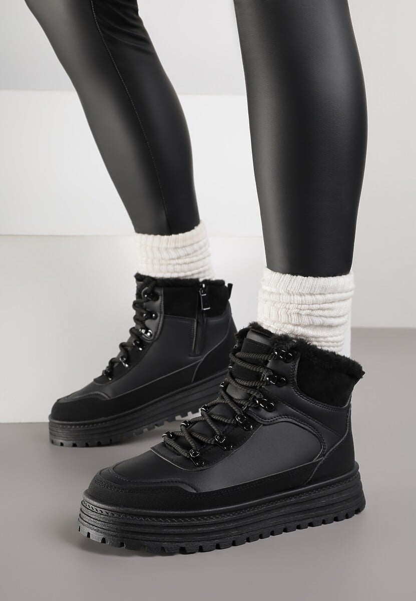 Czarne Sneakersy w Stylu Traperów na Platformie Ewedora 2