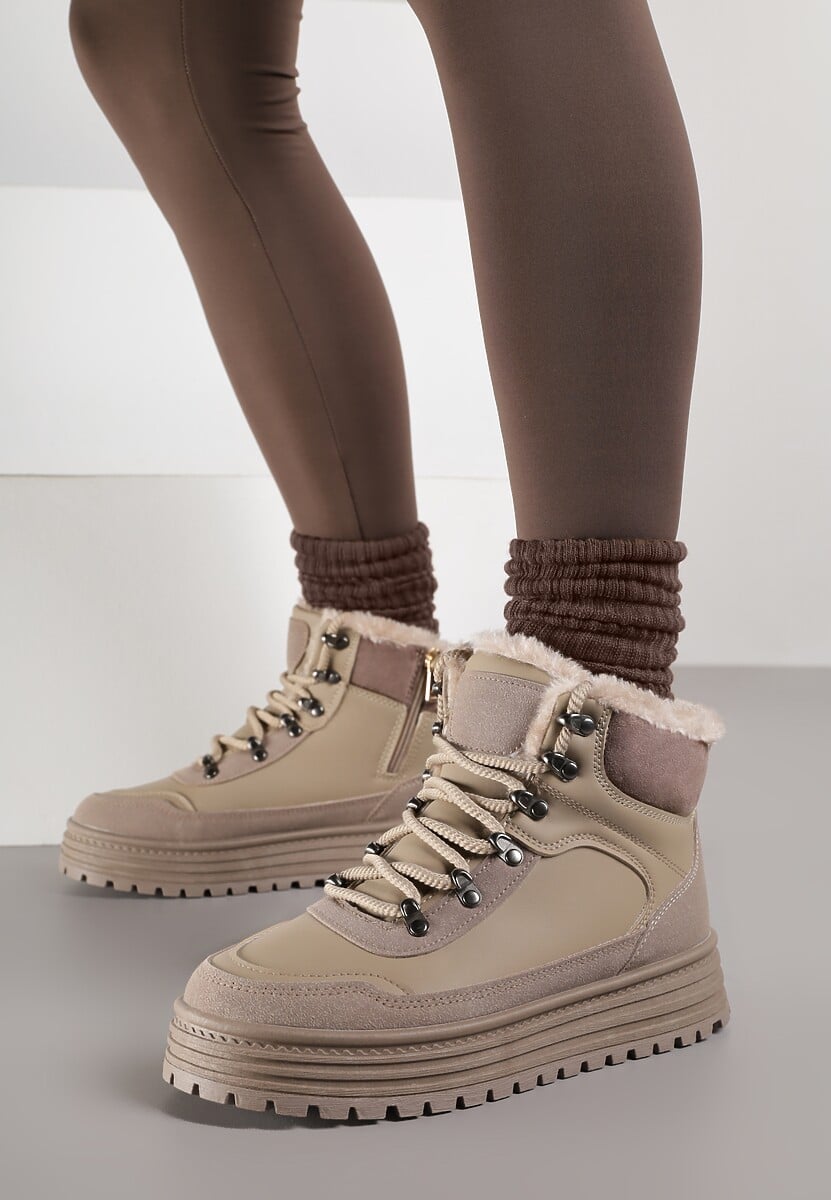 Ciemnobeżowe Sneakersy w Stylu Traperów na Platformie Ewedora 2