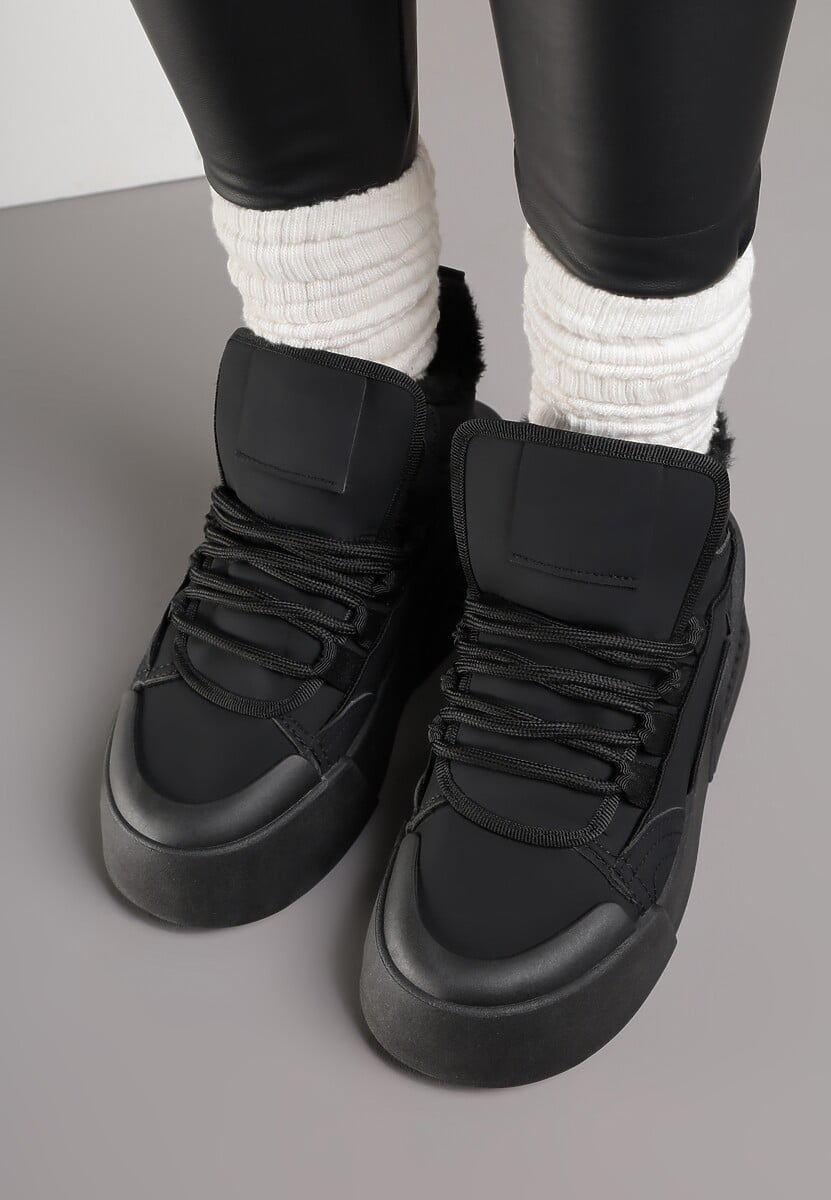 Czarne Sneakersy z Ociepleniem na Platformie z Tłoczeniem Newedela 3