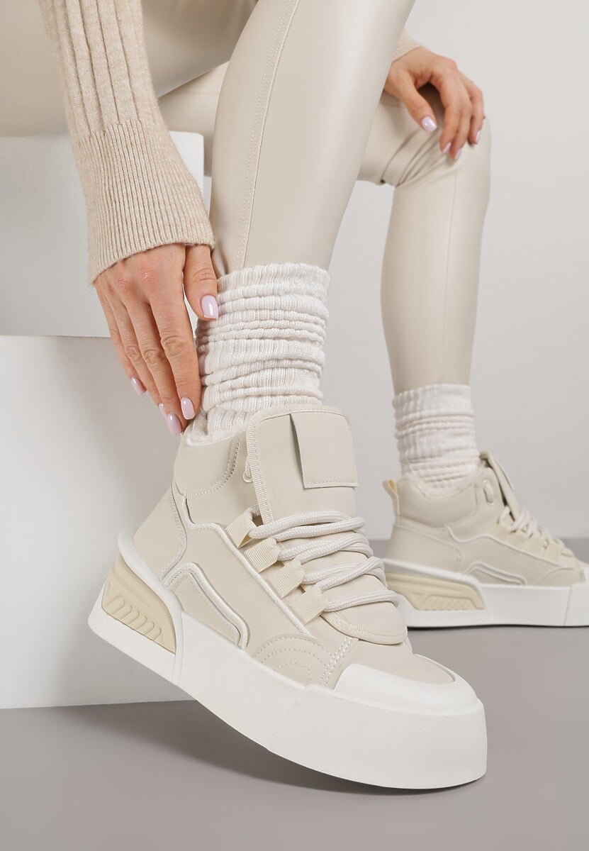 Beżowe Sneakersy z Ociepleniem na Platformie z Tłoczeniem Newedela 1