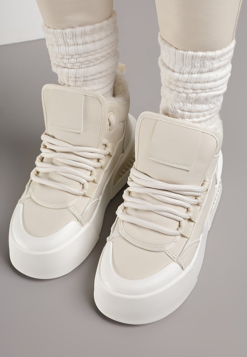 Beżowe Sneakersy z Ociepleniem na Platformie z Tłoczeniem Newedela 3