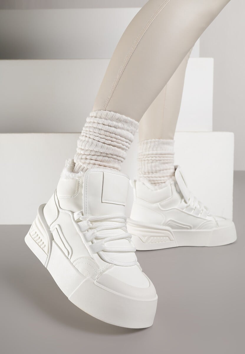 Białe Sneakersy z Ociepleniem na Platformie z Tłoczeniem Newedela 2