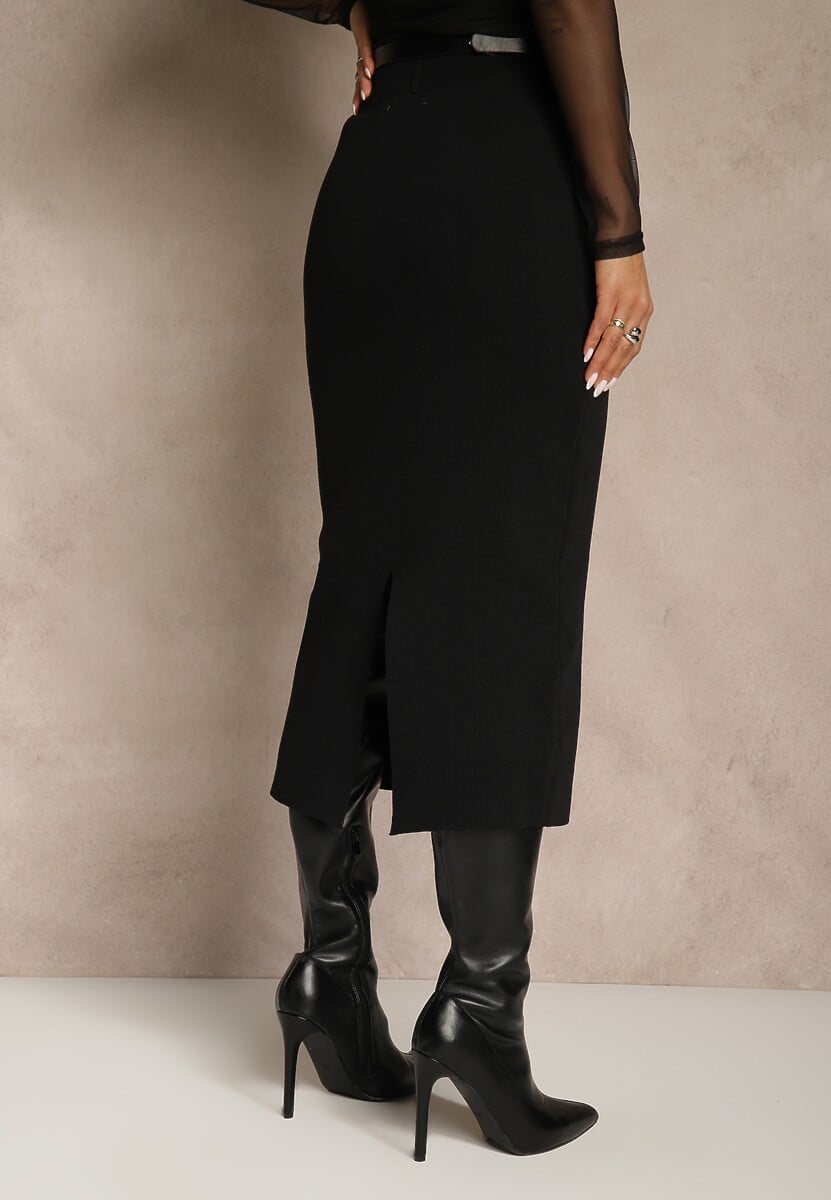 Czarna Spódnica o Ołówkowym Kroju z Wiskozą z Paskiem i Rozcięciem Saweda 3