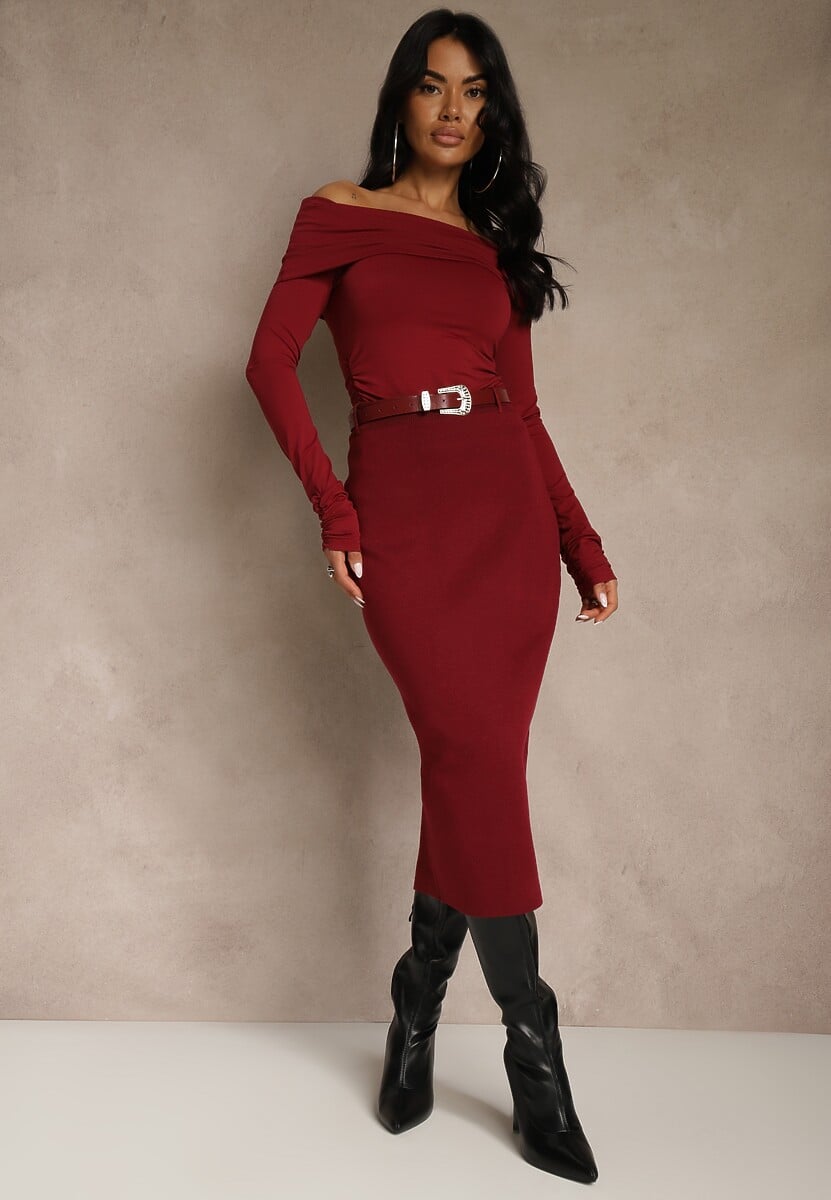 Bordowa Spódnica o Ołówkowym Kroju z Wiskozą z Paskiem i Rozcięciem Saweda 1