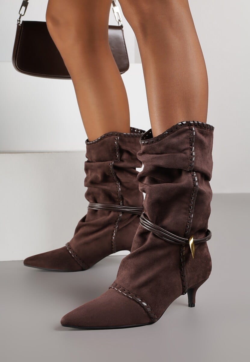 Brązowe Botki na Kaczuszce Slouchy Ozdobione Metaliczną Aplikacją i Sznurkiem Avodvire 2