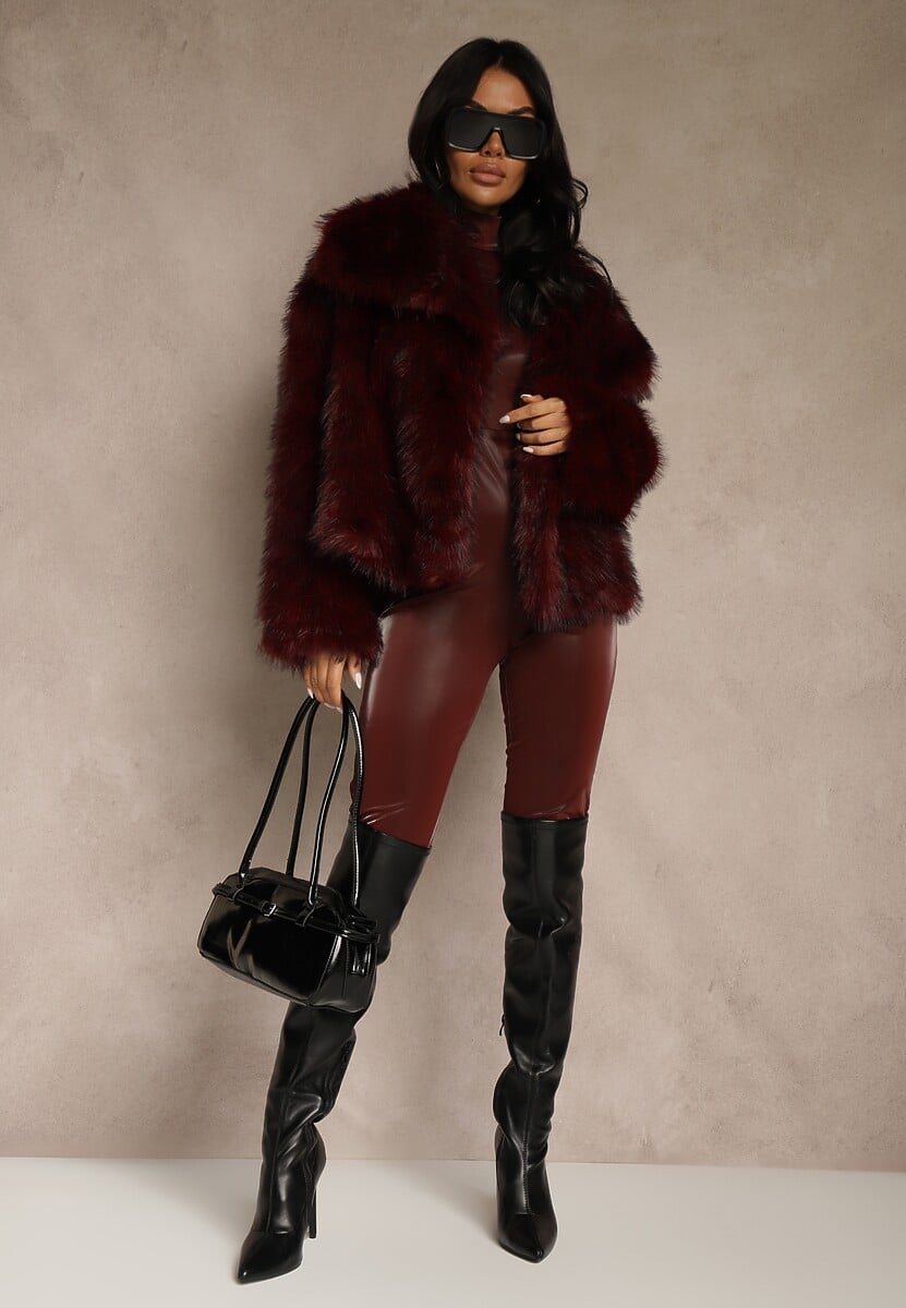 Bordowa Elegancka Kurtka Futerko z Kołnierzem Vertirida 2