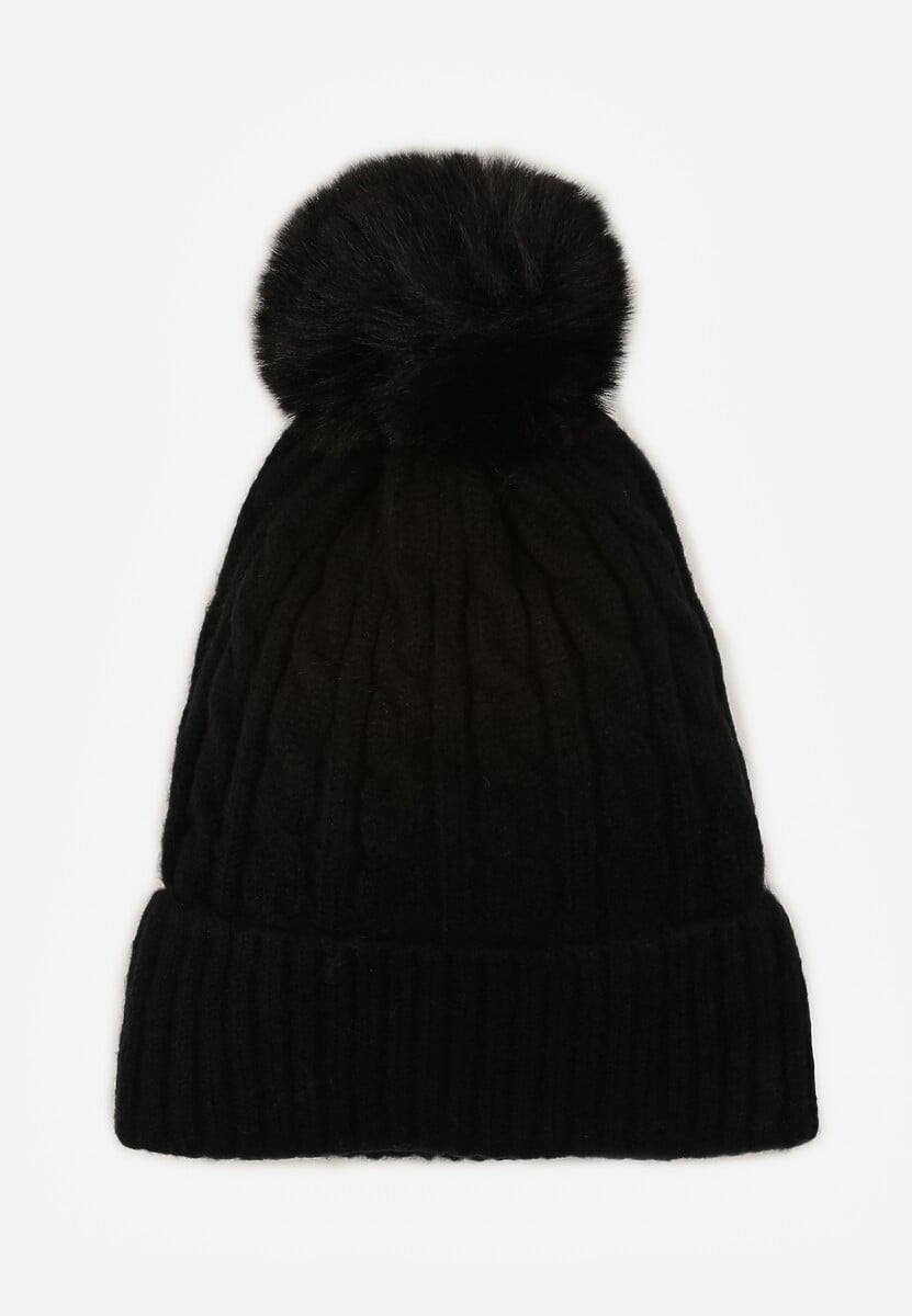 Czarna Czapka z Pomponem Zdobiona Warkoczowym Splotem Vetizare 1