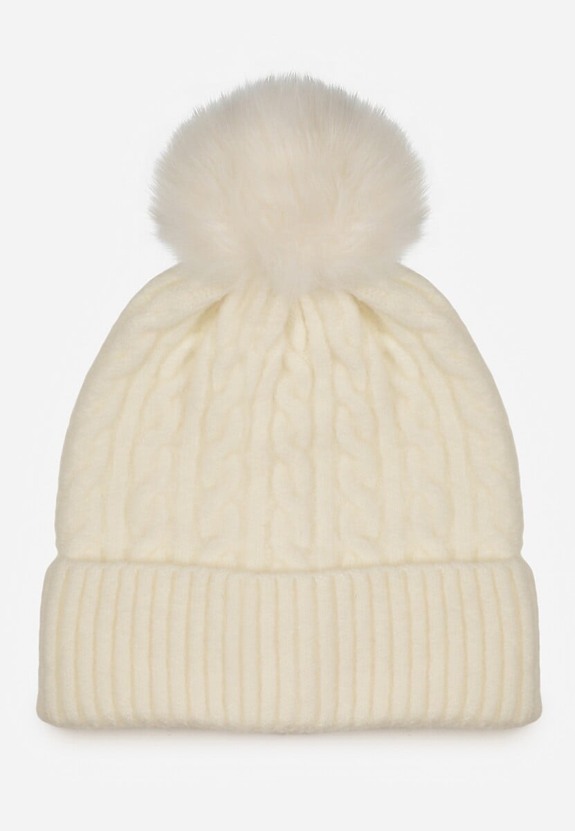 Jasnobeżowa Czapka z Pomponem Zdobiona Warkoczowym Splotem Vetizare 1