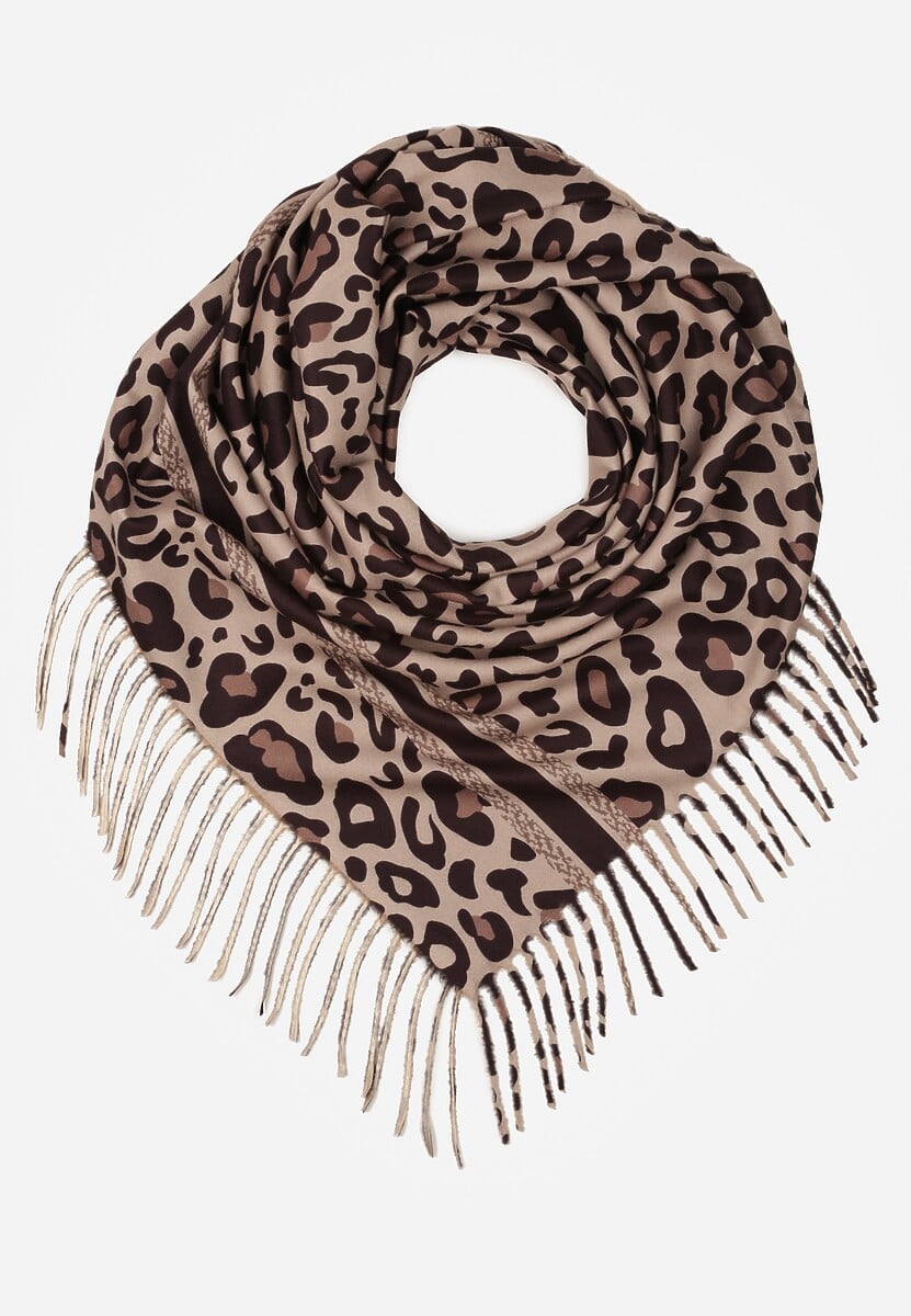 Brązowy Wiskozowy Szalik w Panterkę Wykończony Frędzlami Alefera 1