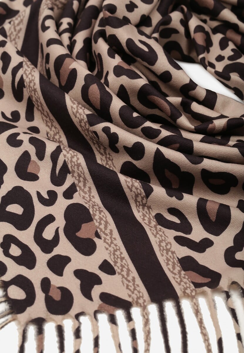 Brązowy Wiskozowy Szalik w Panterkę Wykończony Frędzlami Alefera 2