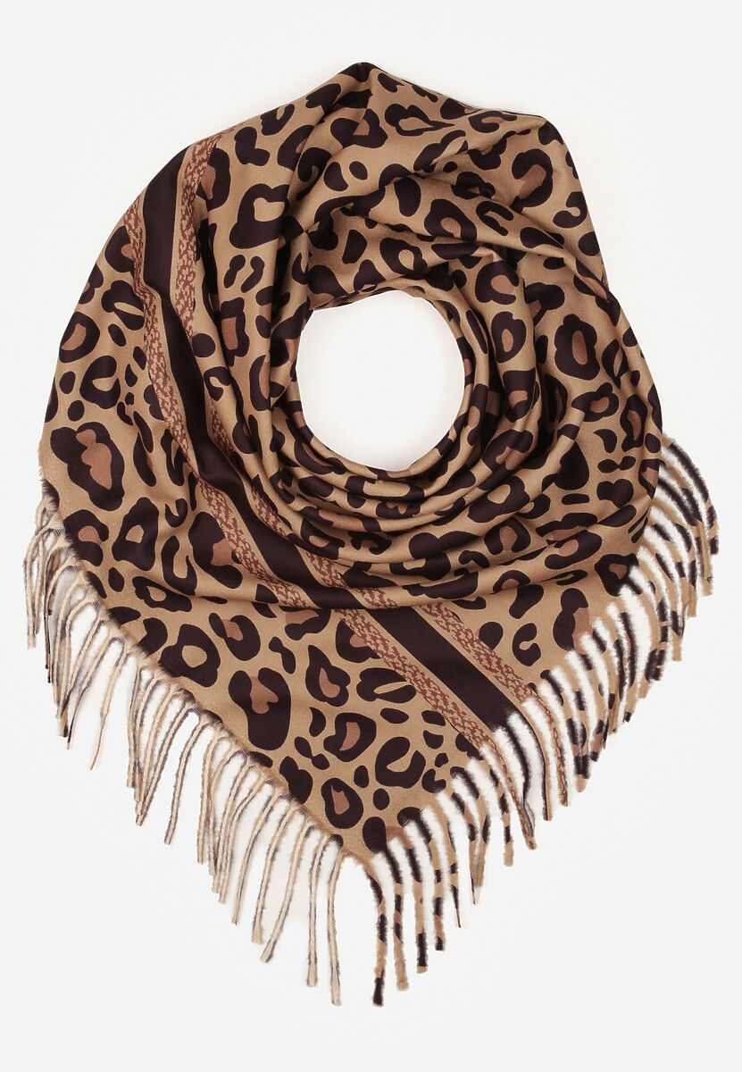 Ciemnobrązowy Wiskozowy Szalik w Panterkę Wykończony Frędzlami Alefera 1